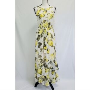 Calvin Klein Floral Chiffon Sleeveless Belted Ruffle Hem Maxi Dress